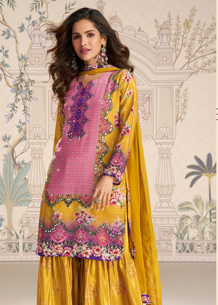 Mustard Yellow Crep Silk Sharara Suit