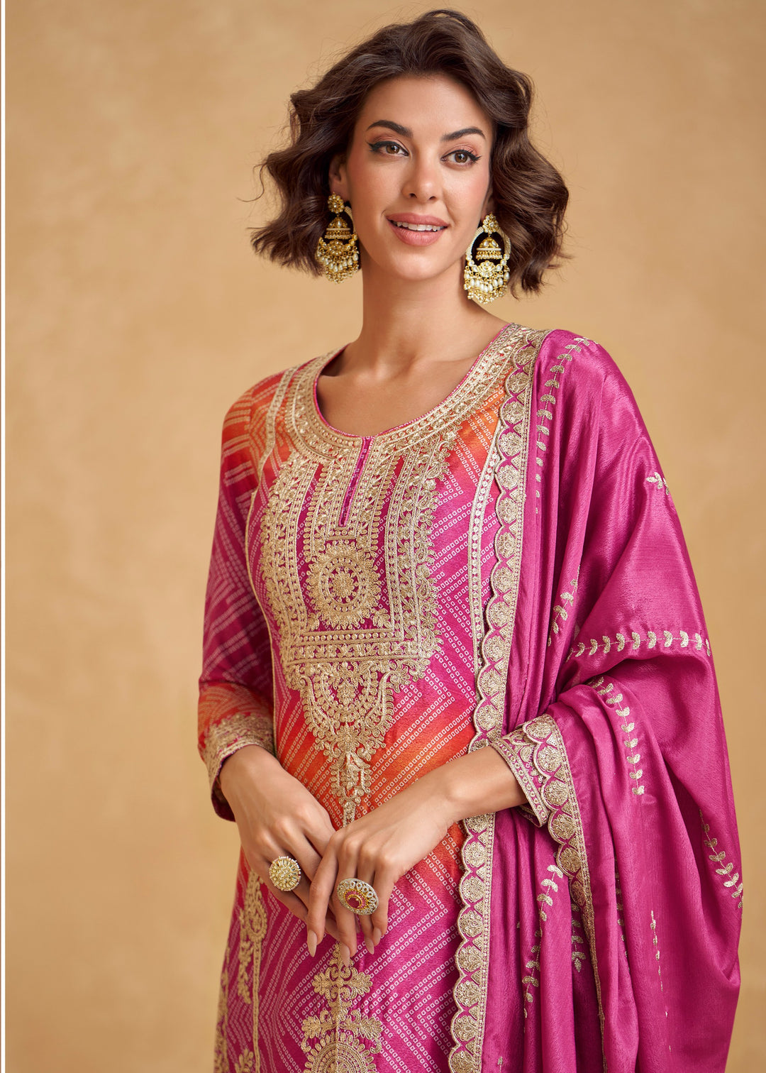 Pink With Orange Accents Silk Salwar Suit : Top Pick
