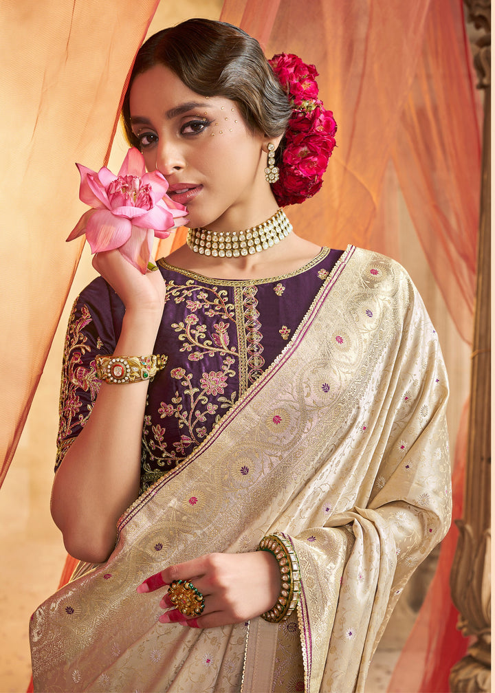 Warm White Satin Silk Saree With Beautiful Lace Border And Heavy Designer Embroidered Blouse : Top Pick