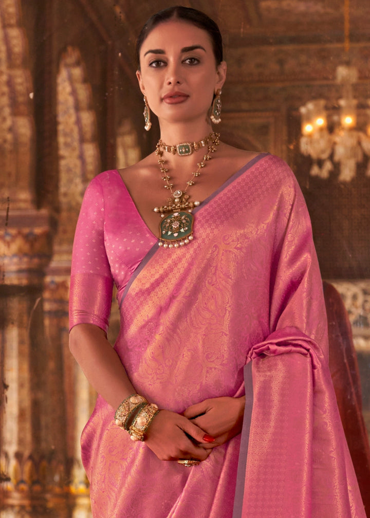 Rose Pink Handloom Weaving Silk Saree