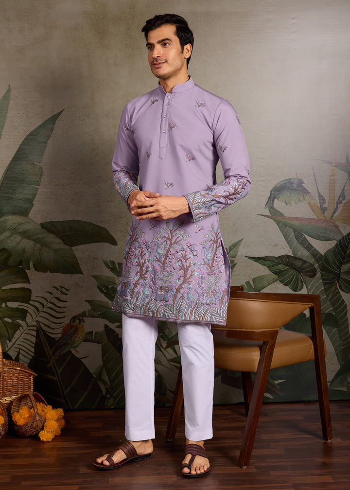 Soft Lavender Mens Silk Kurta with Pant