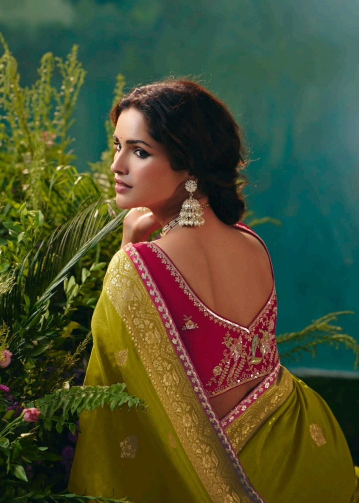 Olive Green Pure Viscose Dola Silk Saree with Zari Weaving & Embroidered Blouse