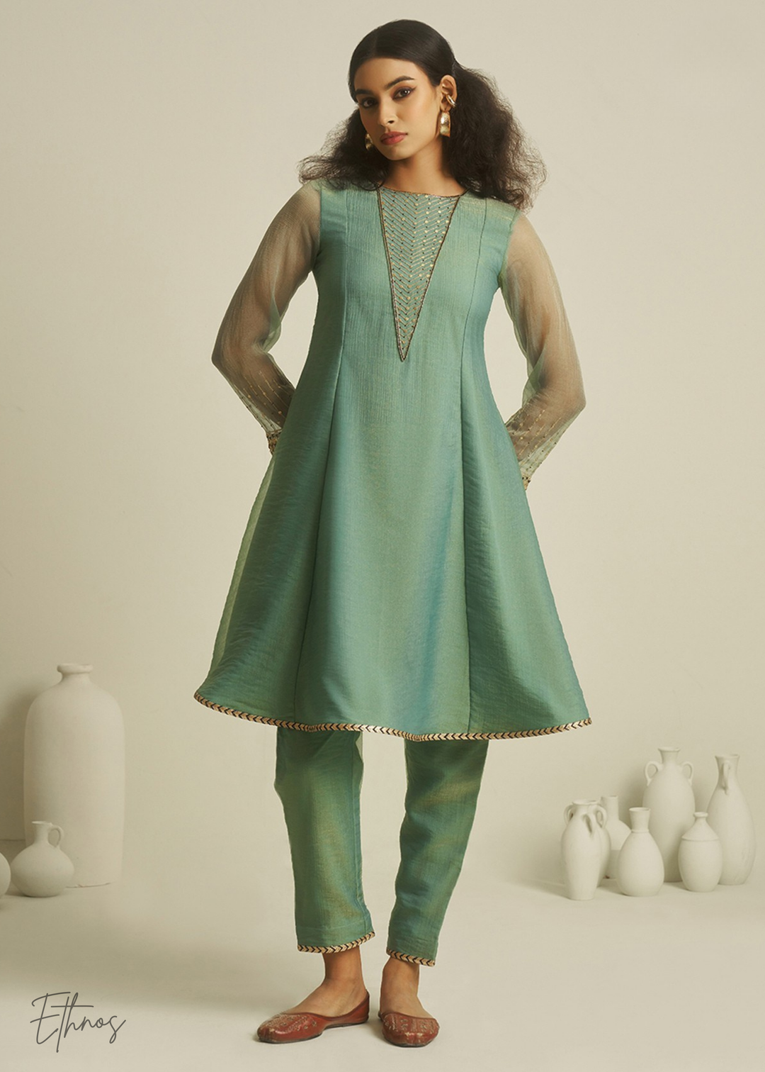 Sea Green Tissue Handwork Kurta With Pant