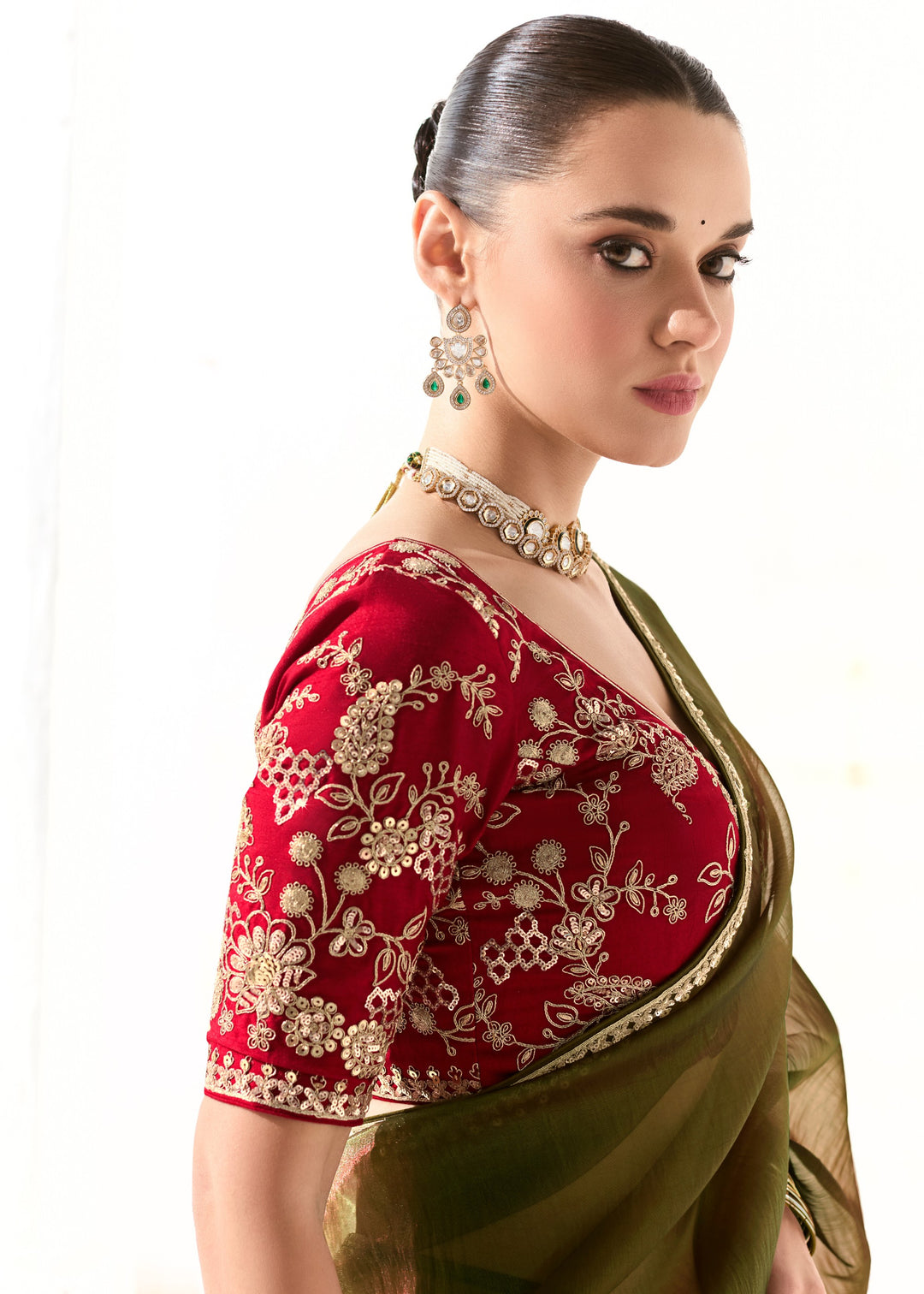 Army Green Organza Tissue Silk Saree With Heavy Work Border And Designer Blouse