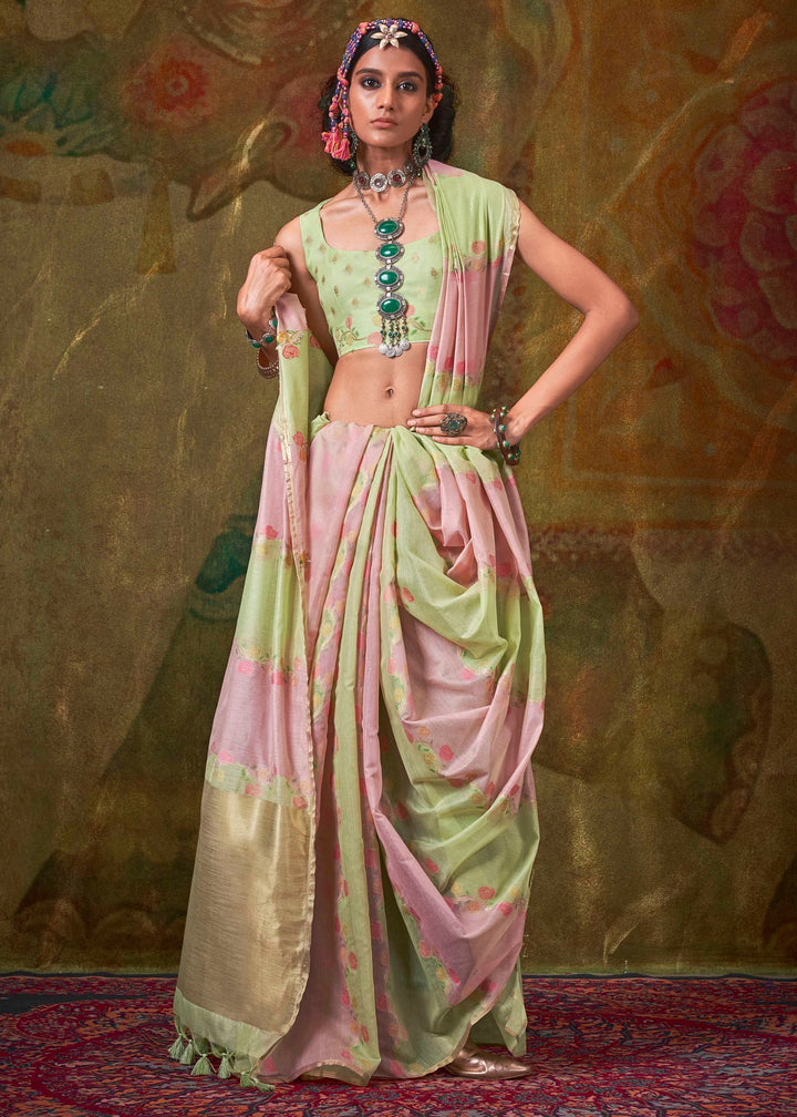 Light Pink And Green Cotton Silk Saree With Rangkaat Handloom Weaving
