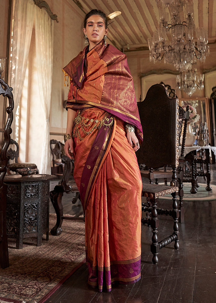 Coral Tussar Silk Handloom Weaving Saree