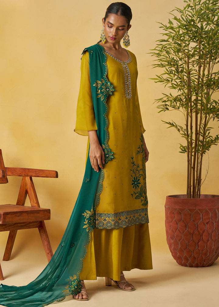 Mustard Yellow Salwar Suit with Teal Green Dupatta