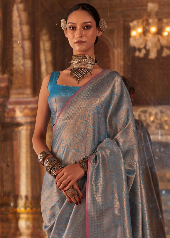 Azure Blue Handloom Weaving Silk Saree