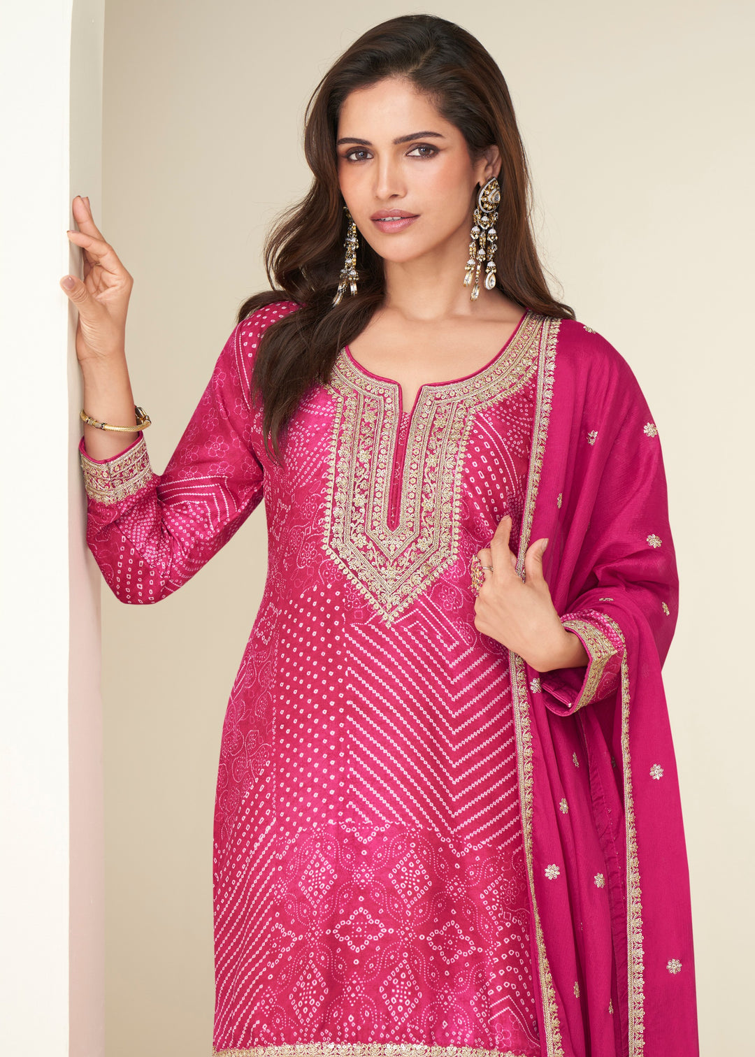 Deep Pink Chinon Silk Sharara Suit