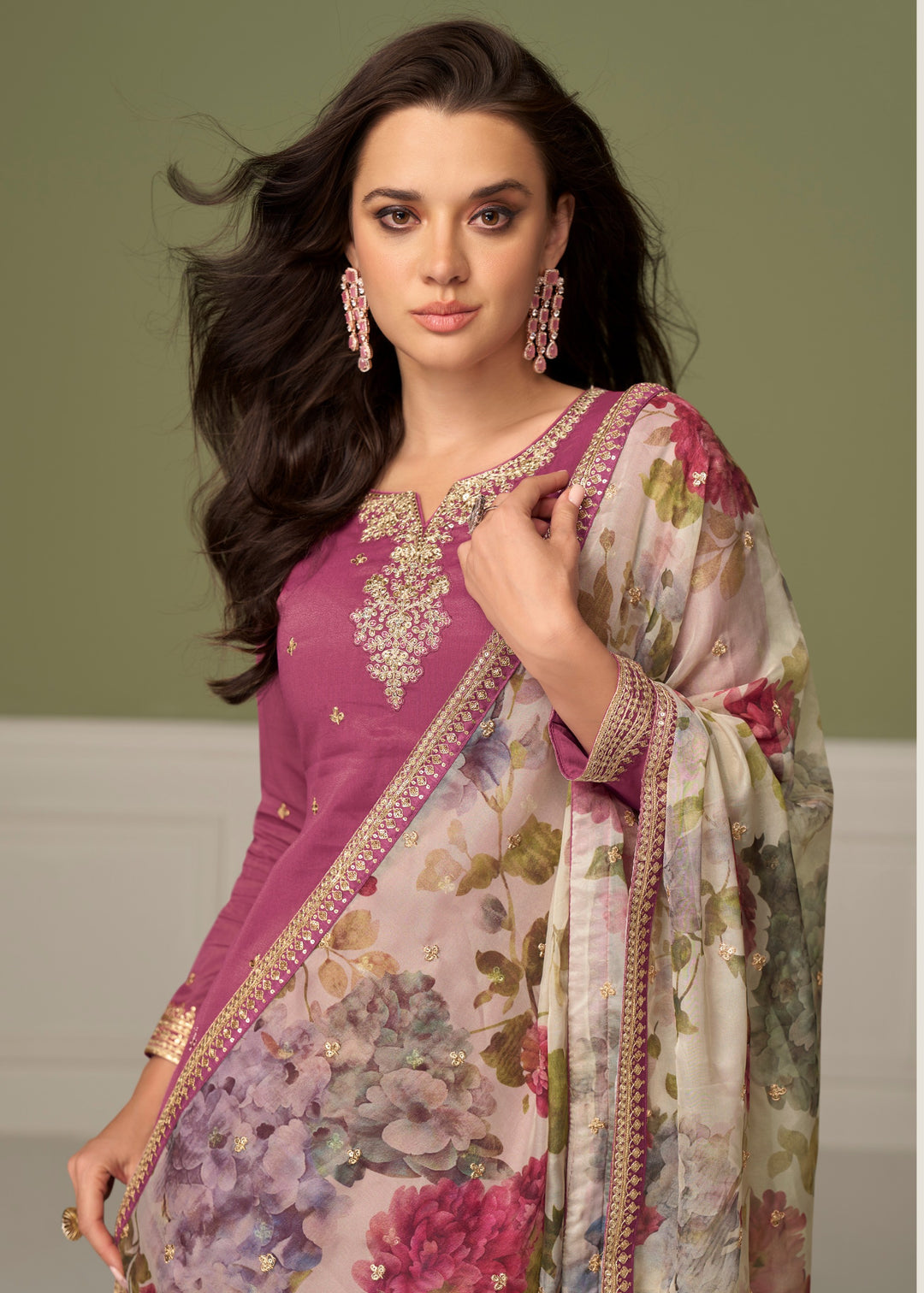 Smitten Pink Palazzo Silk Suit With Floral Dupatta