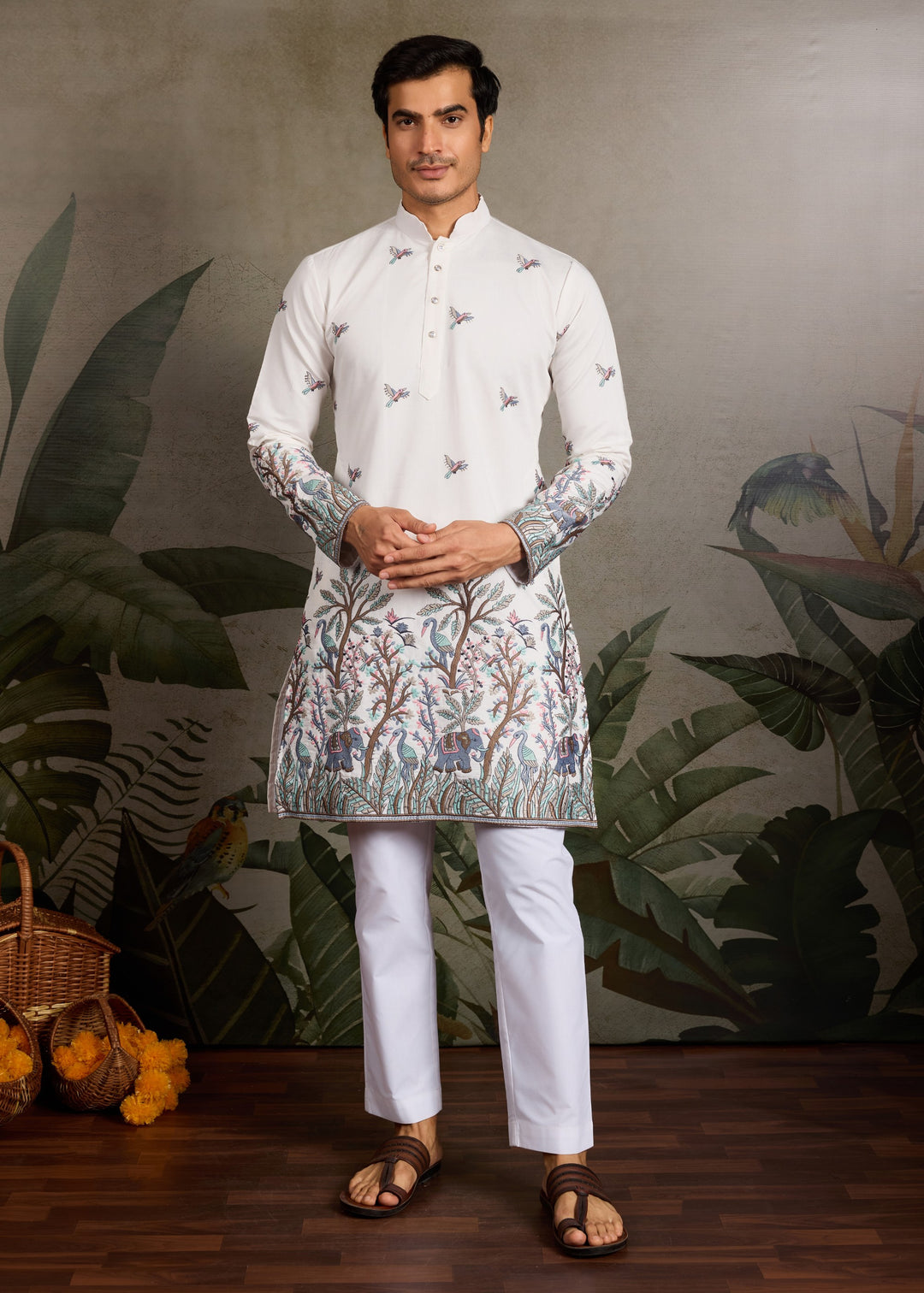 Creamy White Mens Silk Kurta with Pant