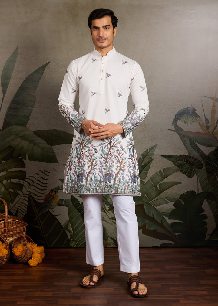 Creamy White Mens Silk Kurta with Pant
