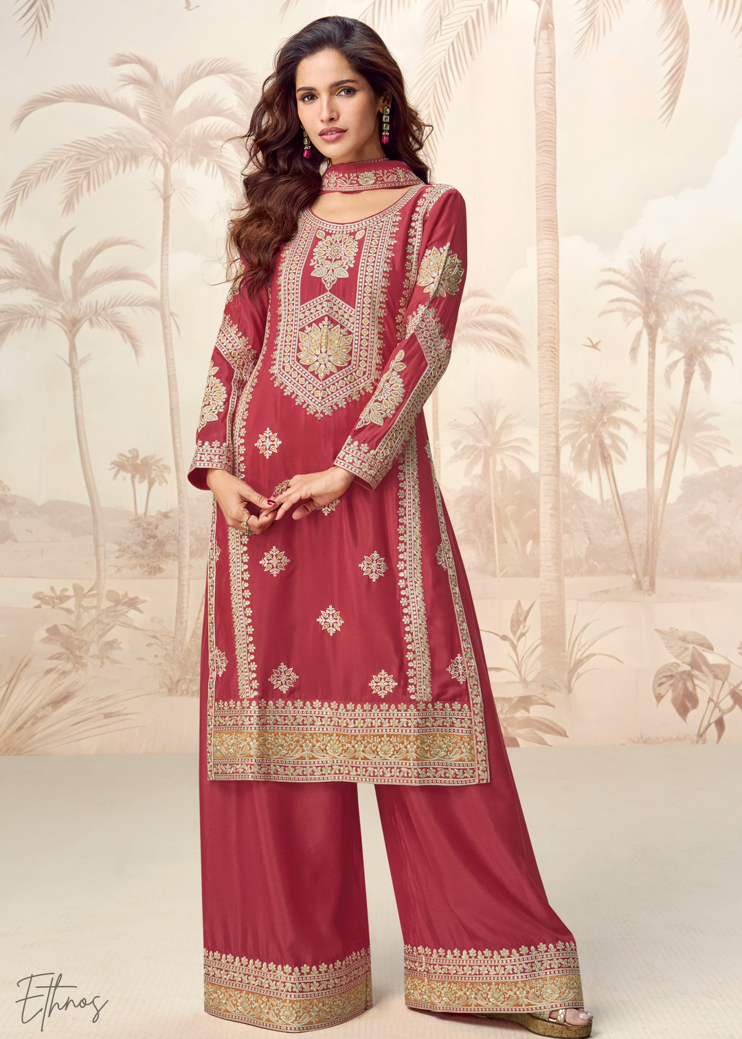 Poppy Red Chinon Silk Palazzo Suit