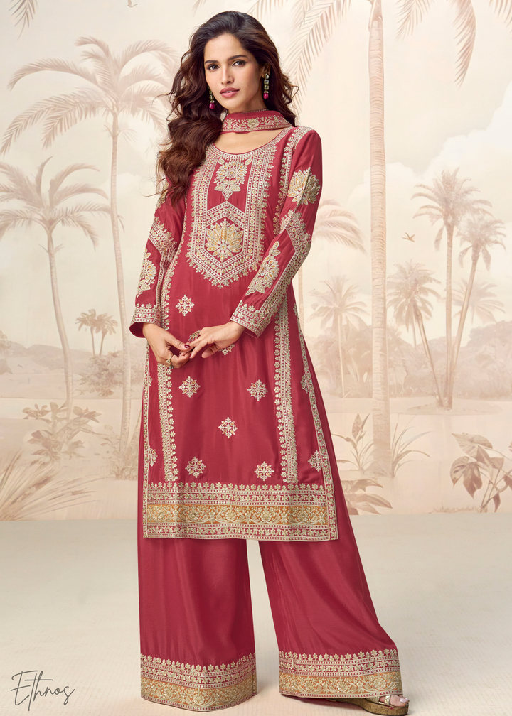 Poppy Red Chinon Silk Palazzo Suit