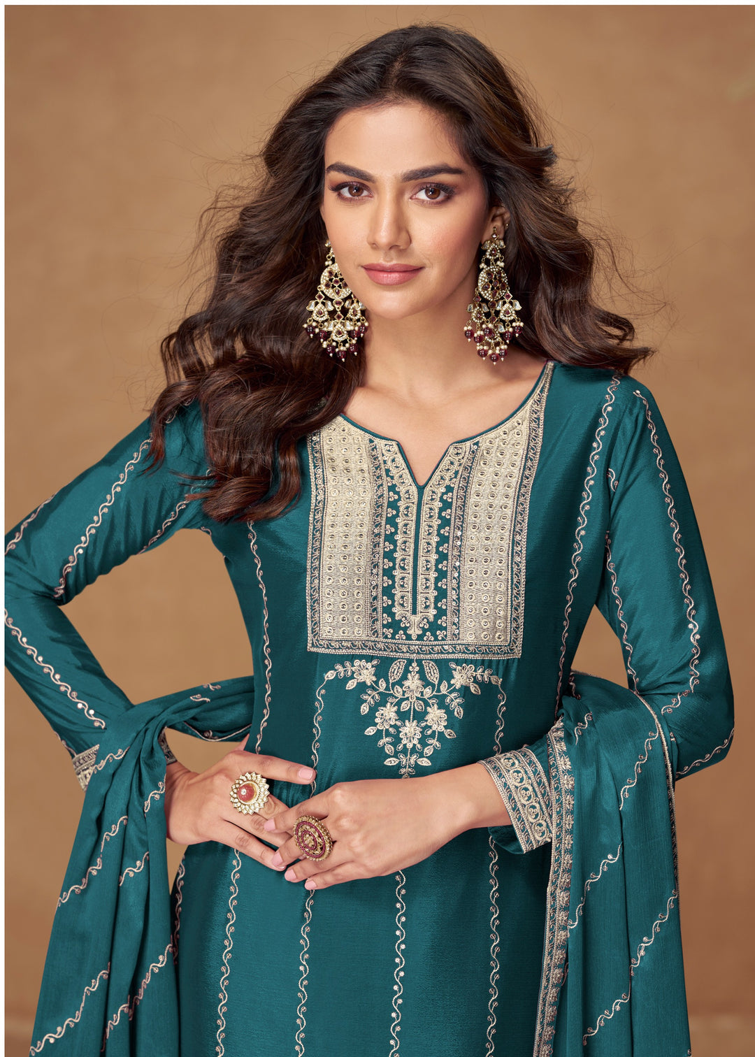 Teal Green Premium Chinnon Silk Salwar Suit