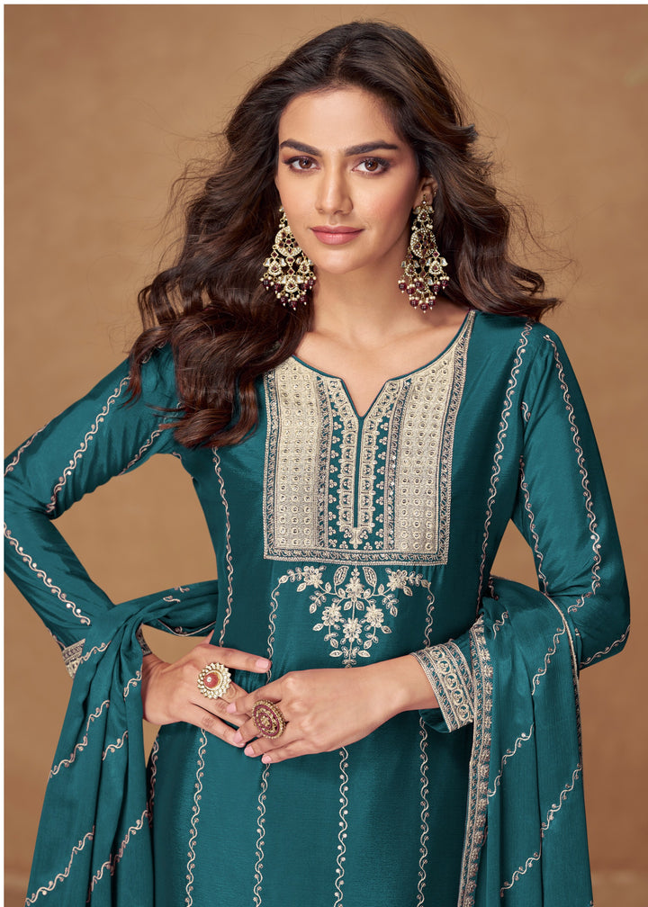 Teal Green Premium Chinnon Silk Salwar Suit