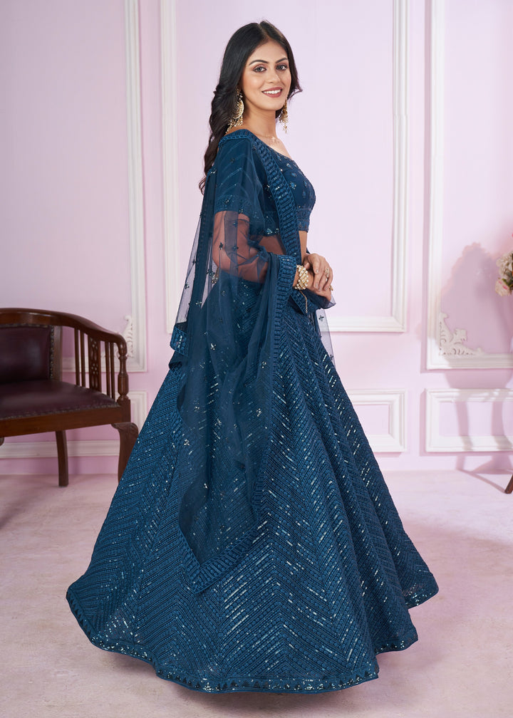 Teal Blue Georgette Lehenga Choli With Sequins And Thread Embroidery Work
