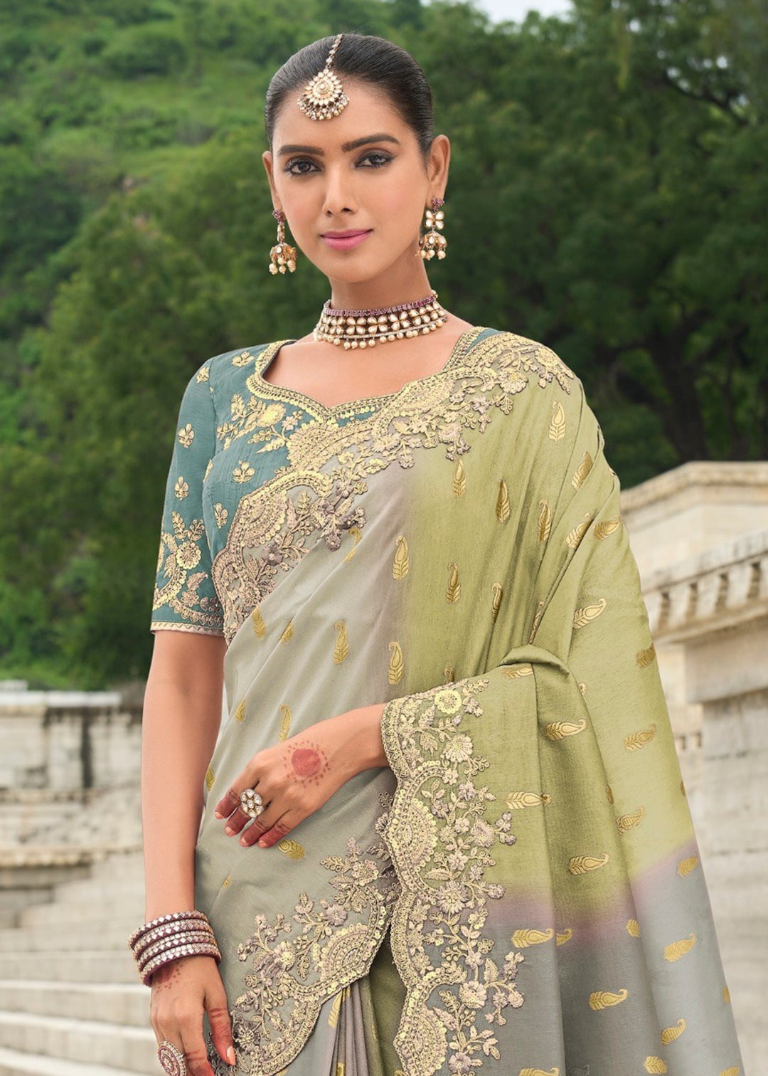 Soft Grey Silk Saree With Embroidery Cut and Butti Work