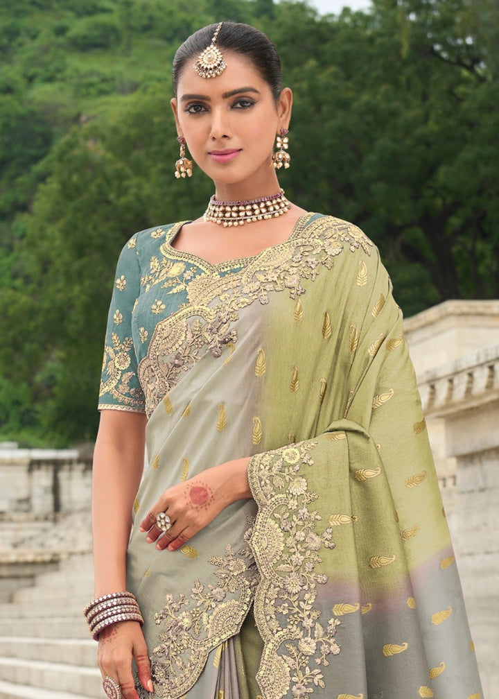 Soft Grey Silk Saree With Embroidery Cut and Butti Work