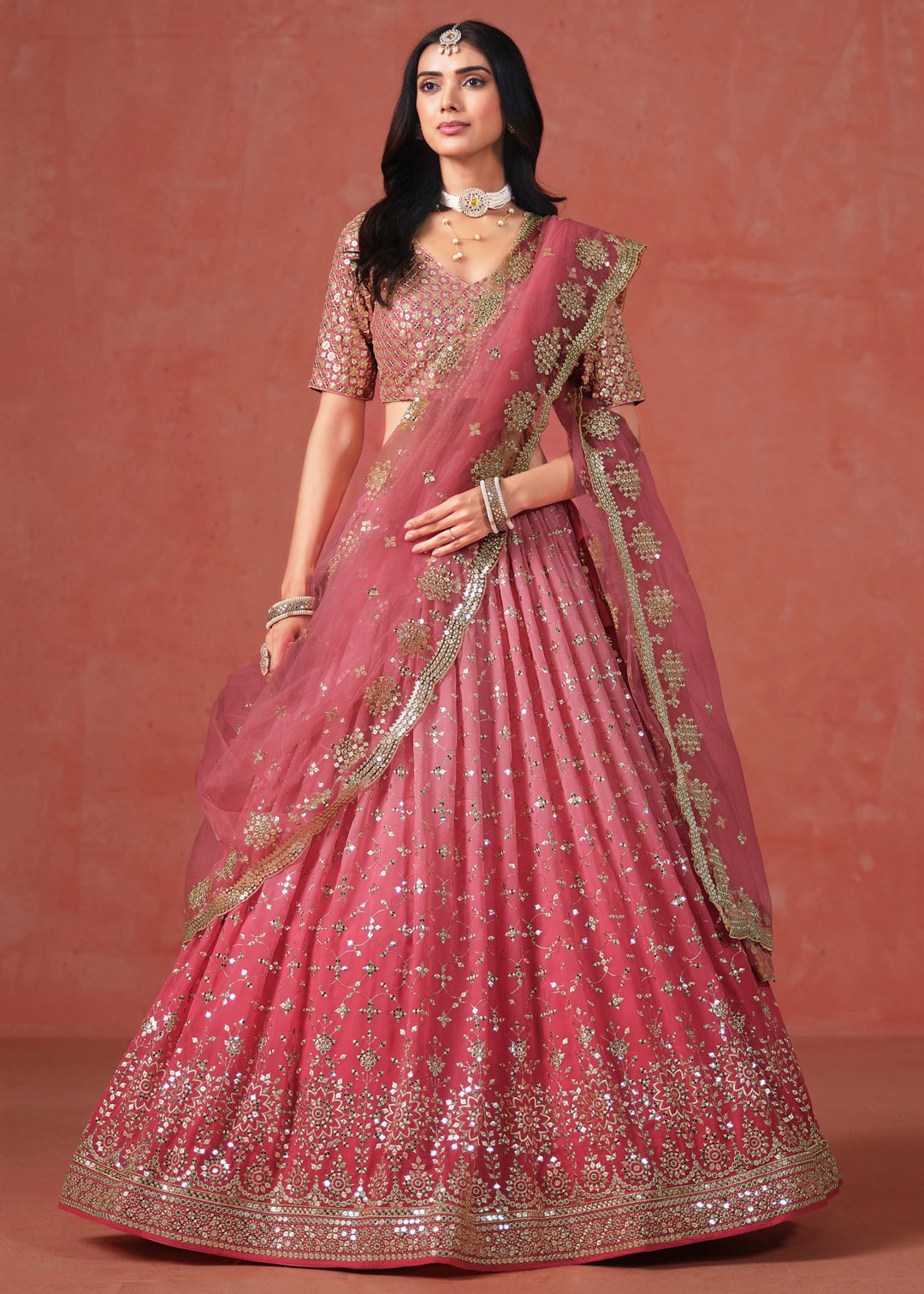 Peach Sequins Zari Embroidered Work Georgette Lehenga