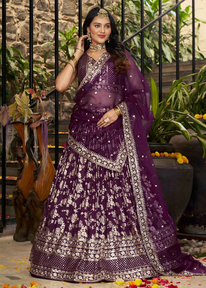 Wine Sequins and Zari Embroidery Work Silk Lehenga