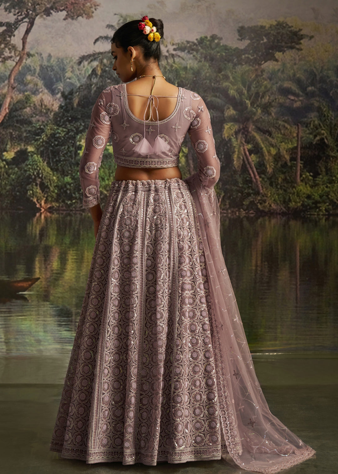 Mauve Soft Net Lehenga With Tonal Embroidery