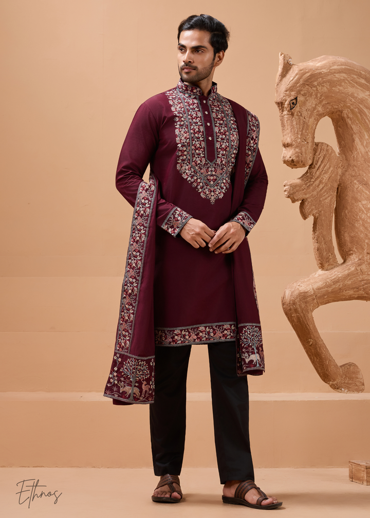 Maroon Mens Wear Silk Kurta With Pant And Dupatta