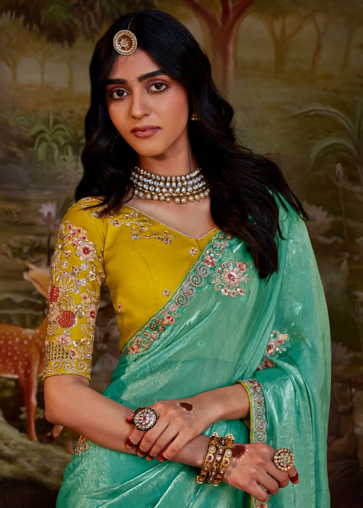 Mustard And Aqua Green Saree With Embroidery And Handwork Designer Cut Border
