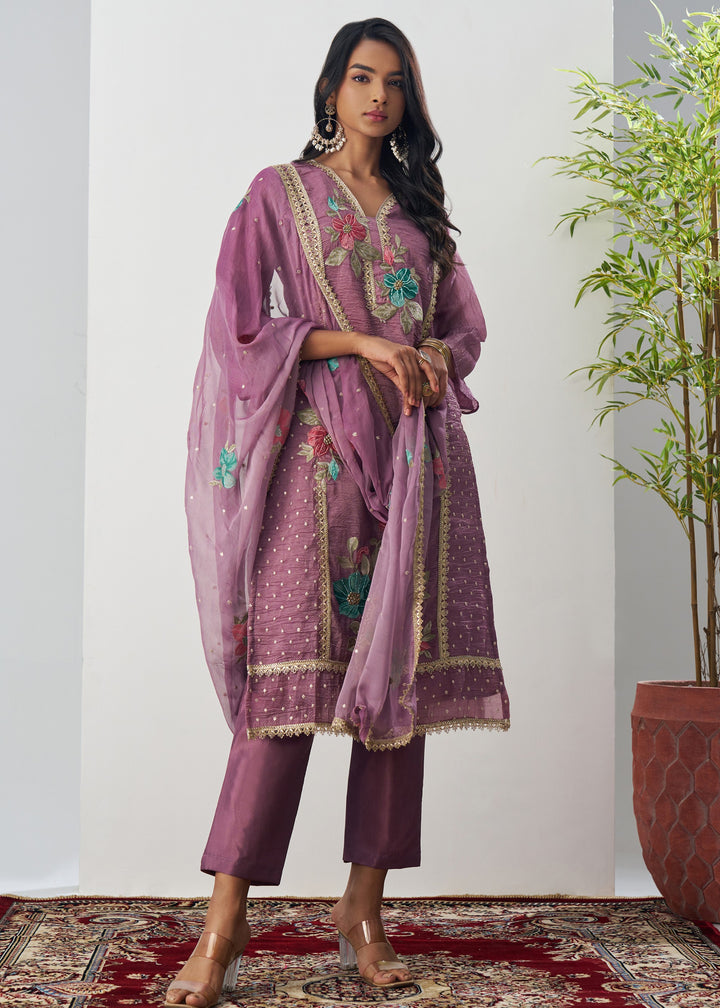 Purple Silk Pant Suit With Chiffon Dupatta
