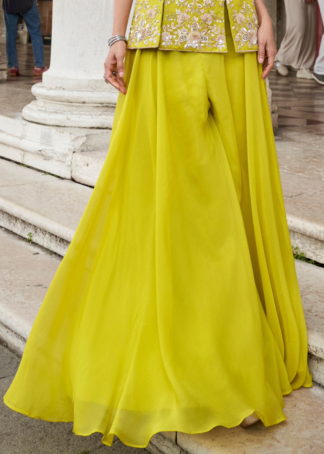 Lemon Yellow Organza Silk Palazzo Suit With Designer Dupatta