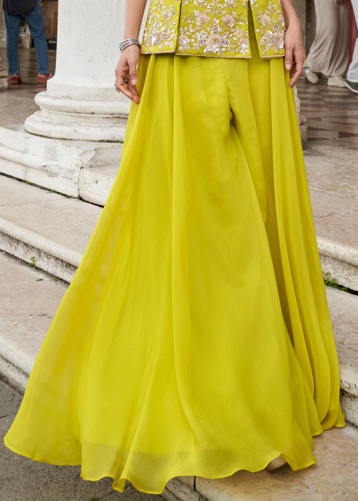 Lemon Yellow Organza Silk Palazzo Suit With Designer Dupatta