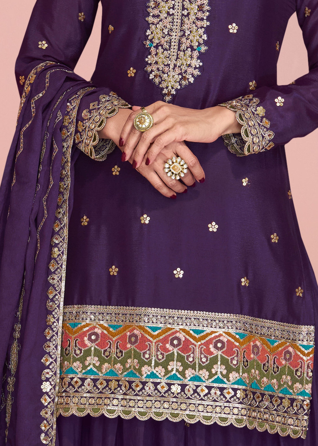 Raisin Purple Chinnon Silk Plazo Suit With Thread Embroidered Work