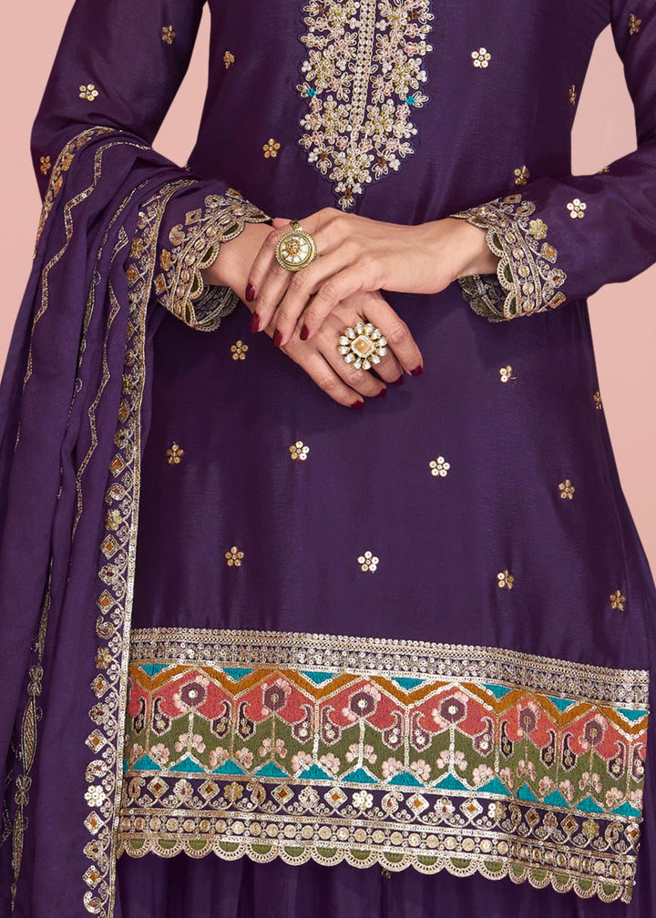 Raisin Purple Chinnon Silk Plazo Suit With Thread Embroidered Work