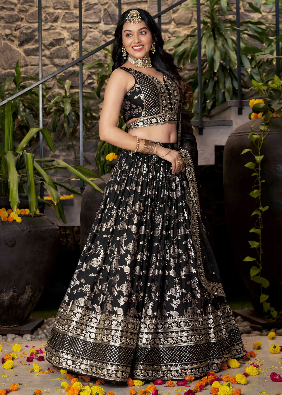 Black Sequins and Zari Embroidery Work Silk Lehenga