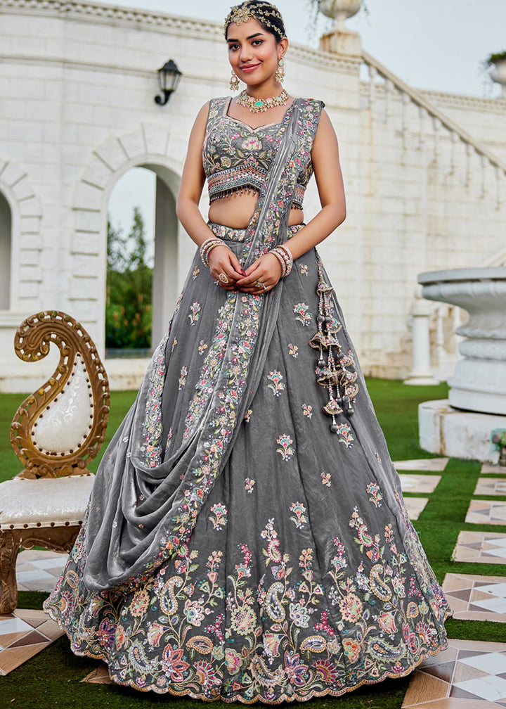 Grey Tissue Lehenga Choli with Sequinned Embroidered