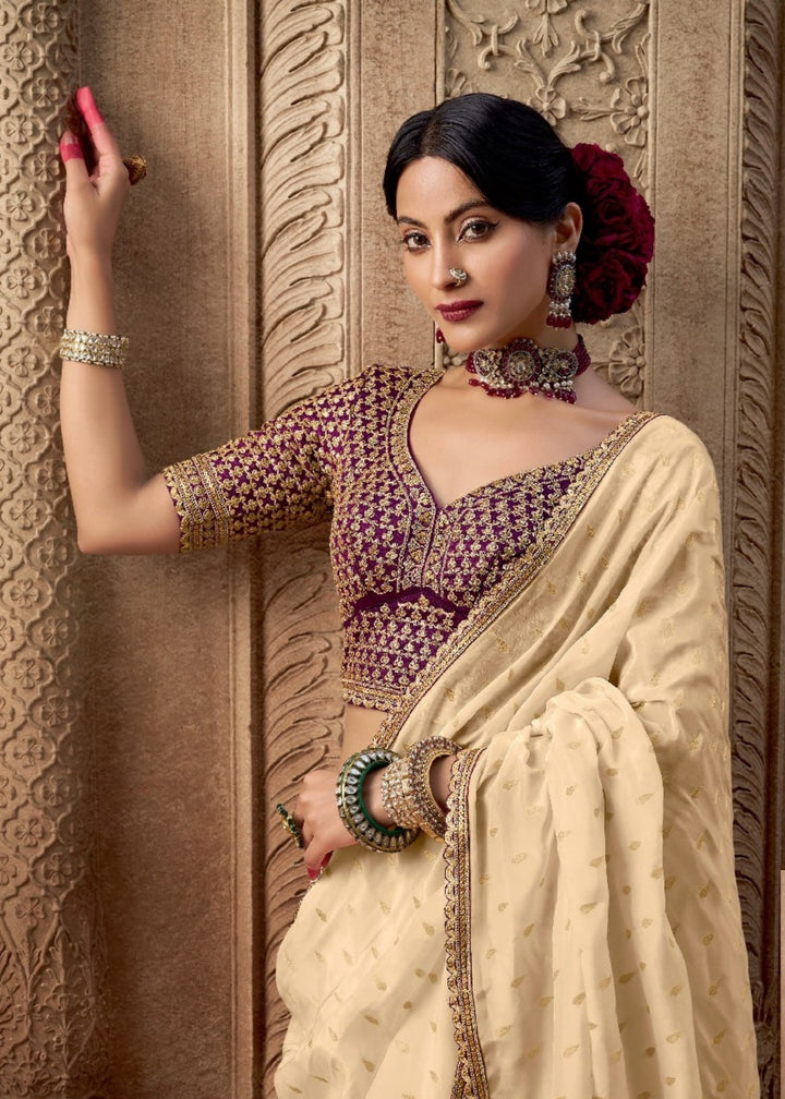 Cream Pure Viscous Crepe based fabric with Hand dying & Butti weaving Saree