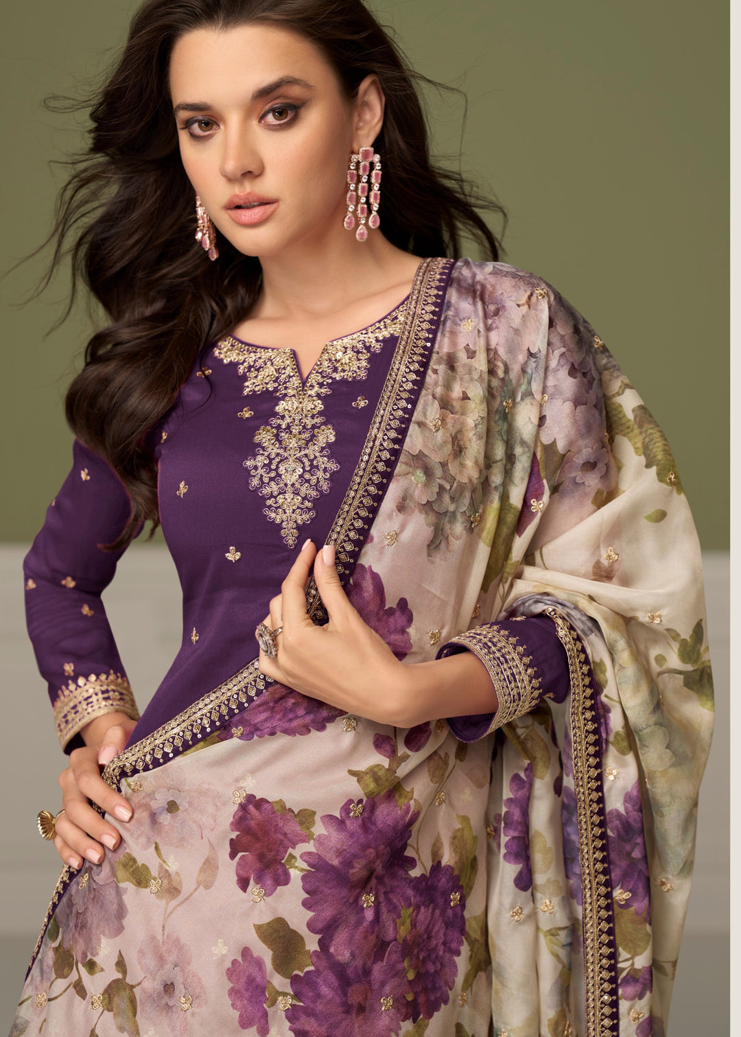 Dark Purple Palazzo Silk Suit With Floral Dupatta