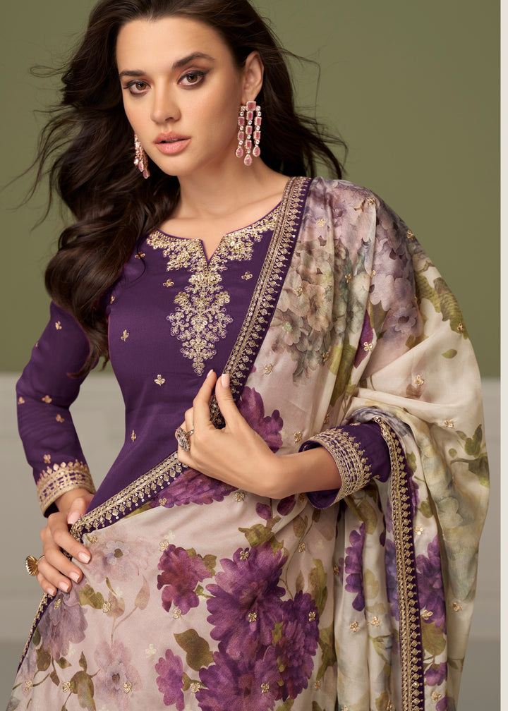 Dark Purple Palazzo Silk Suit With Floral Dupatta