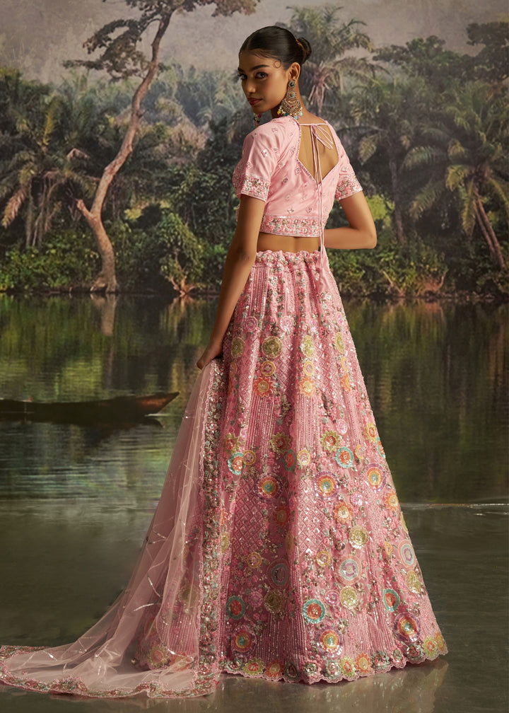 Bright Pink Soft Net Lehenga With Multicolor Floral Embroidery
