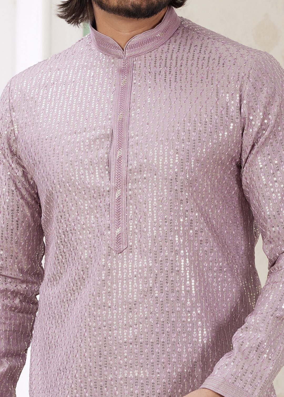 Thistle Purple Silk Mens Kurta Set With Thread Embroidery Work