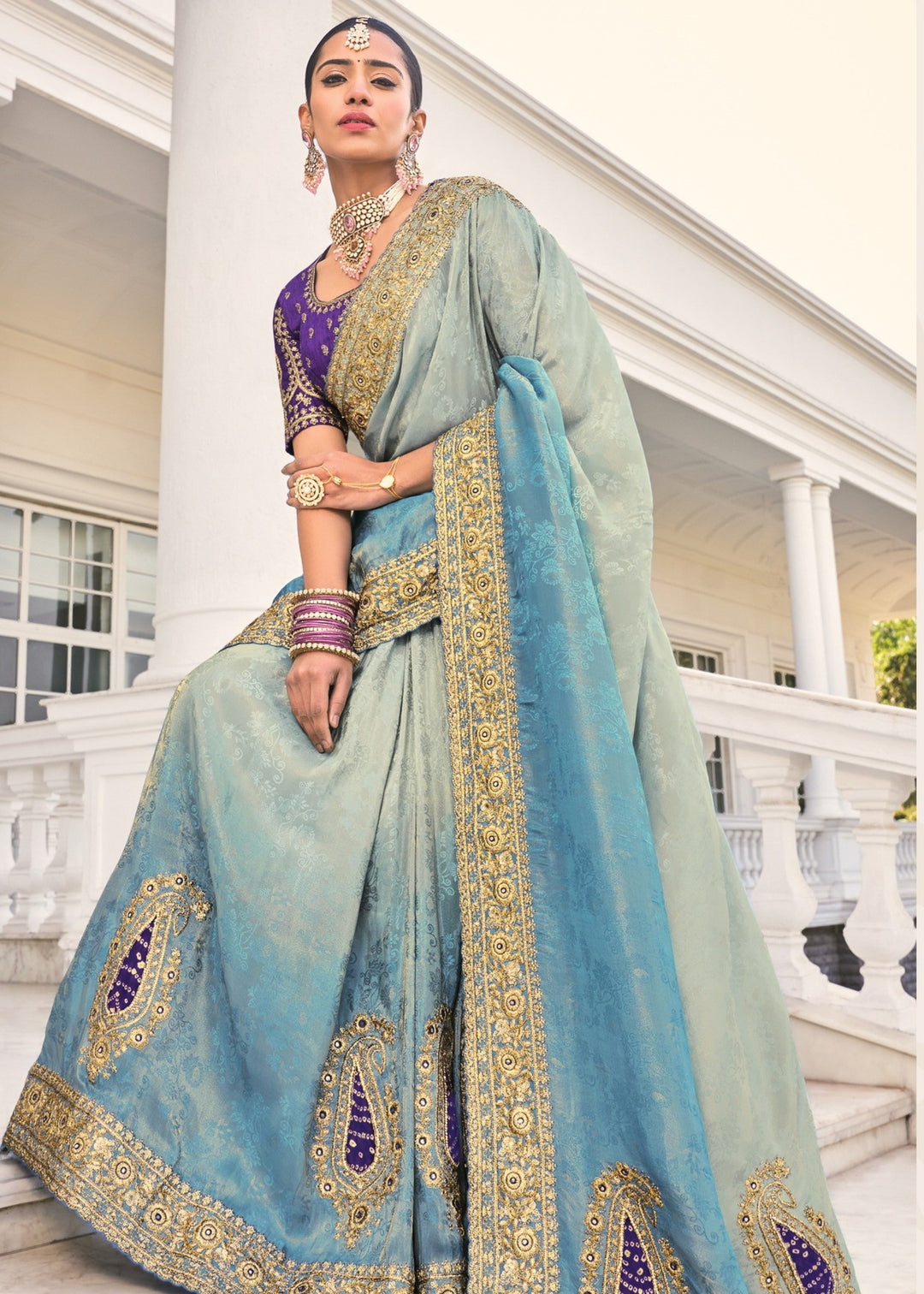 Grey - Blue Natural Crape Jaquard Saree with Jari Work