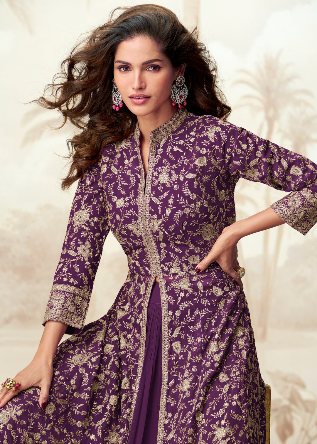 Irish Purple Georgette Anarkali Slit Cut Suit With Thread Embroidered Work