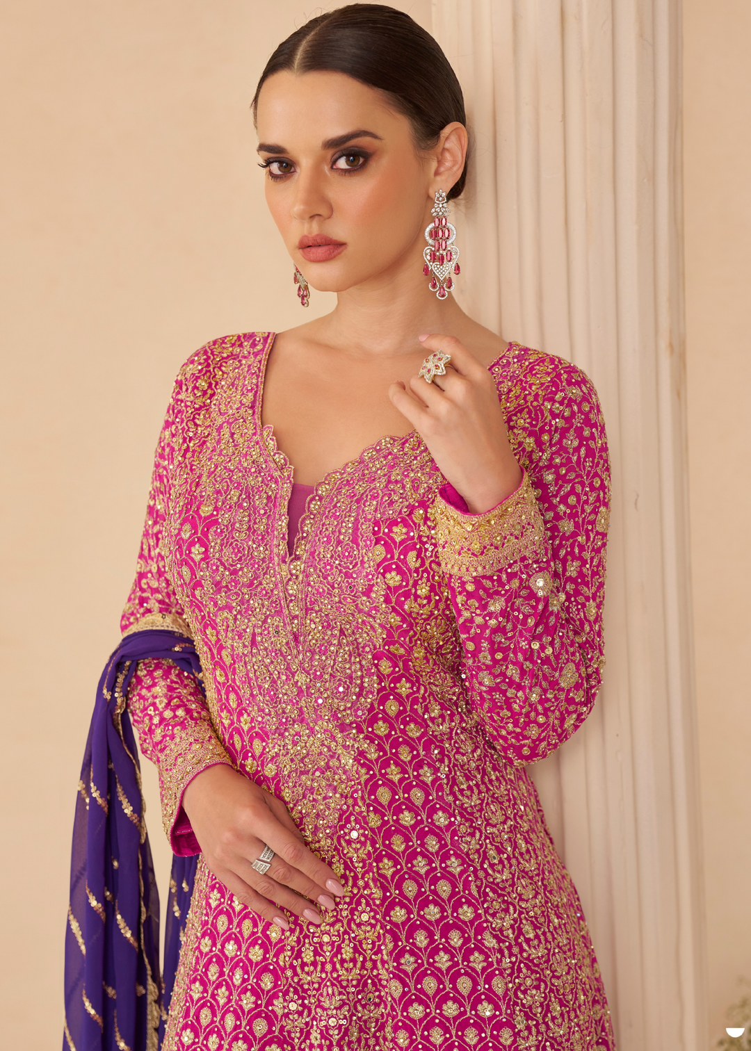 Hot Pink With Gold Embroidery Georgette Palazzo Suit