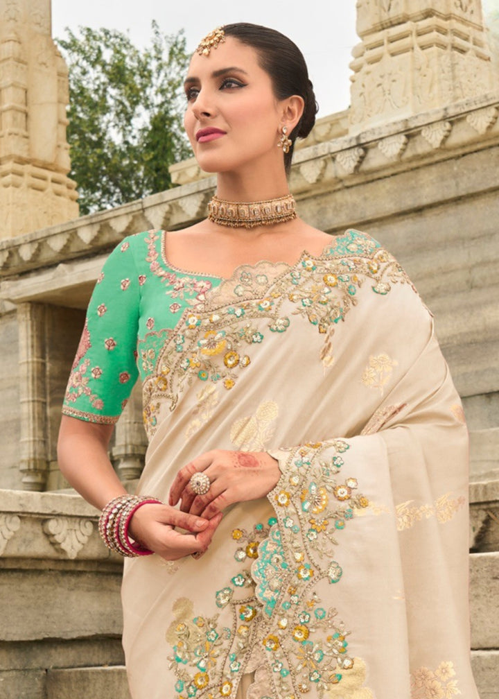 Cream Silk Saree With Embroidery