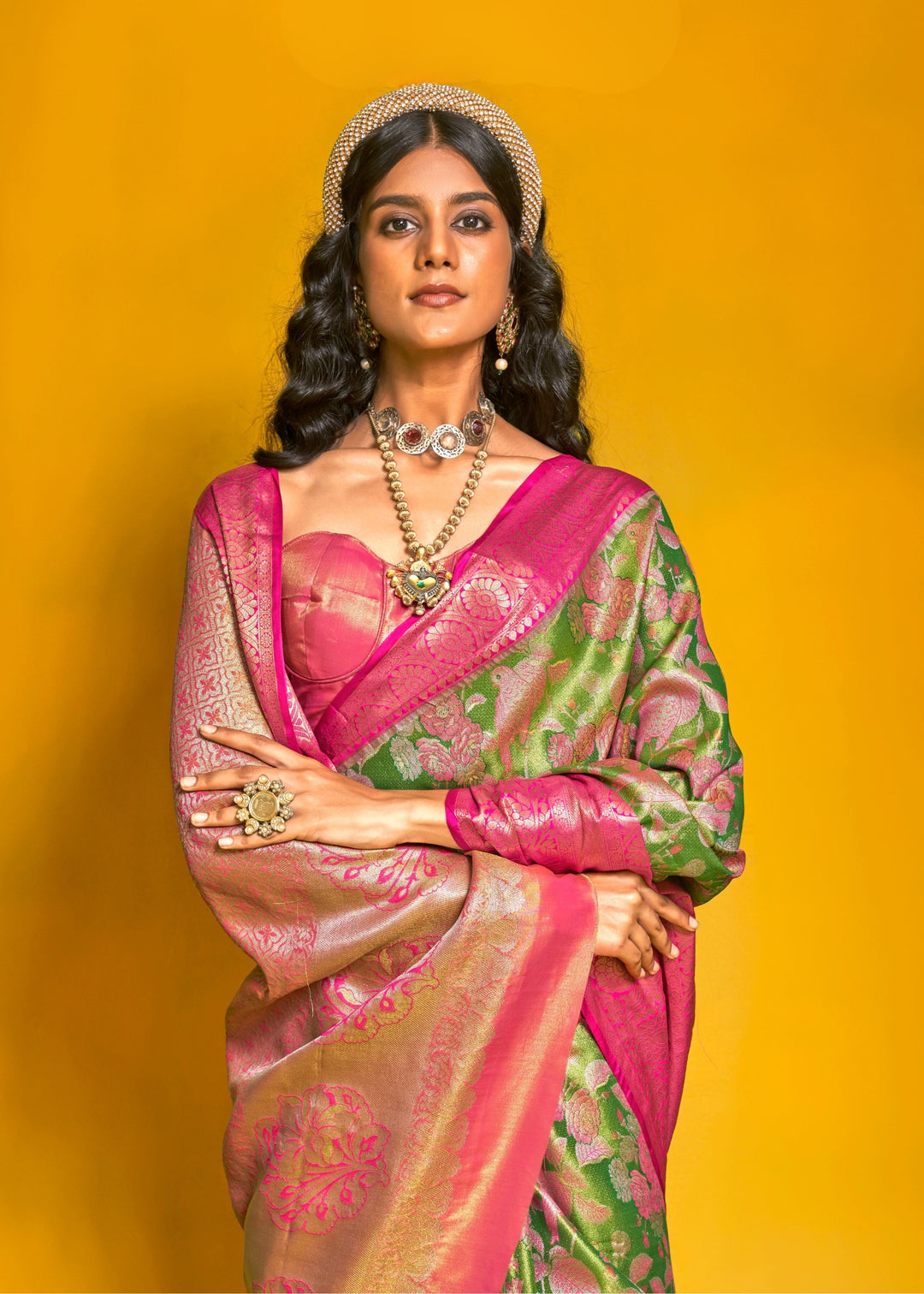 Pink And Green Pure Dharamavaram Silk Saree