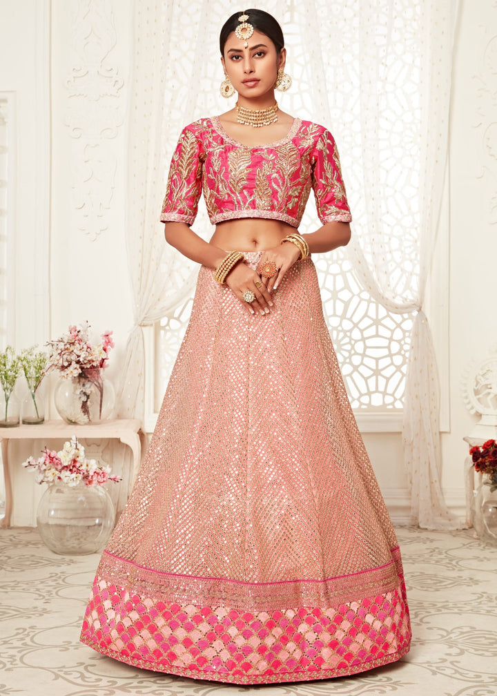 Pink Soft Net Lehenga With Zari, Dori, Thread And Sequins Floral Embroidery