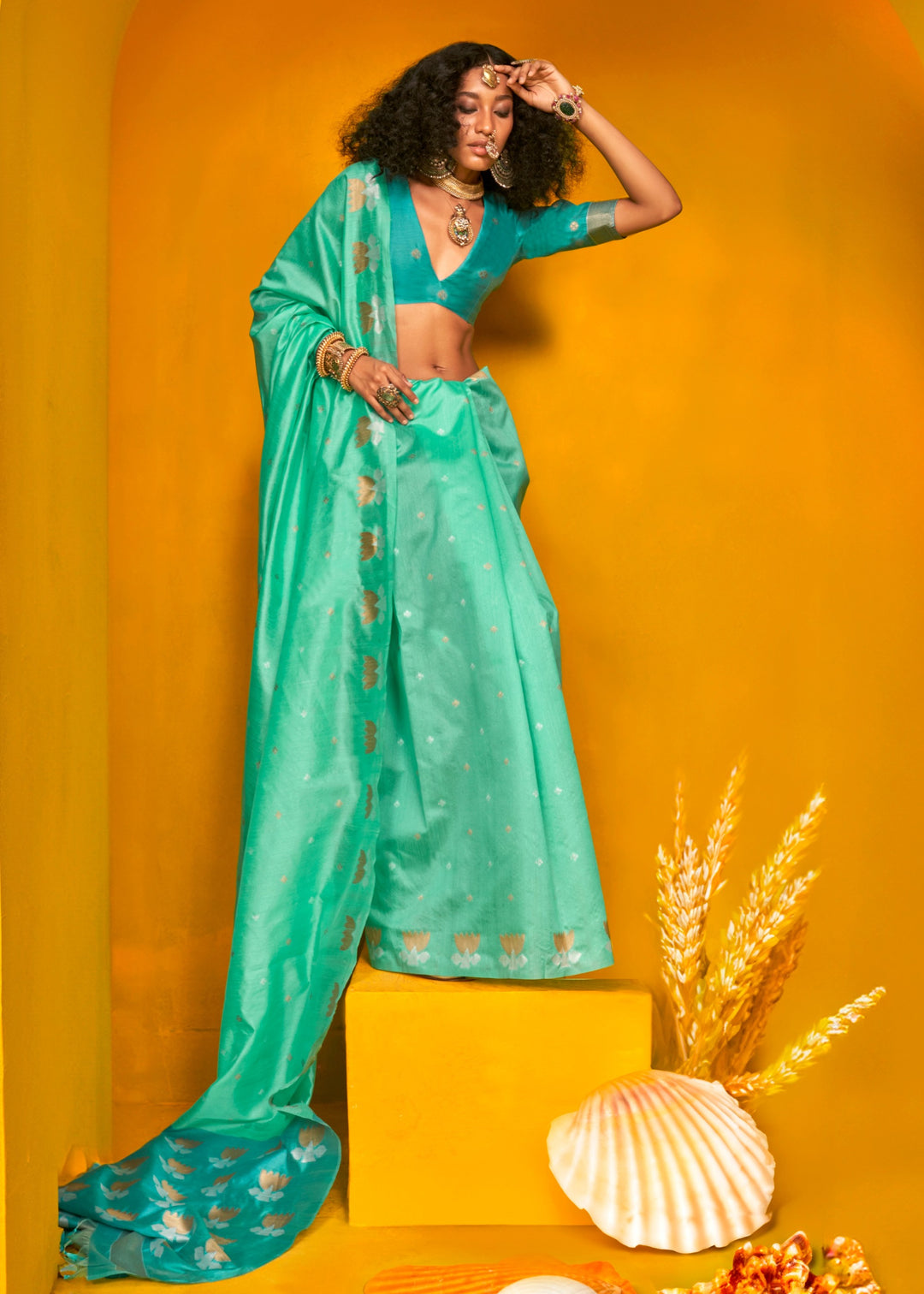 Seagreen Tussar Silk Saree