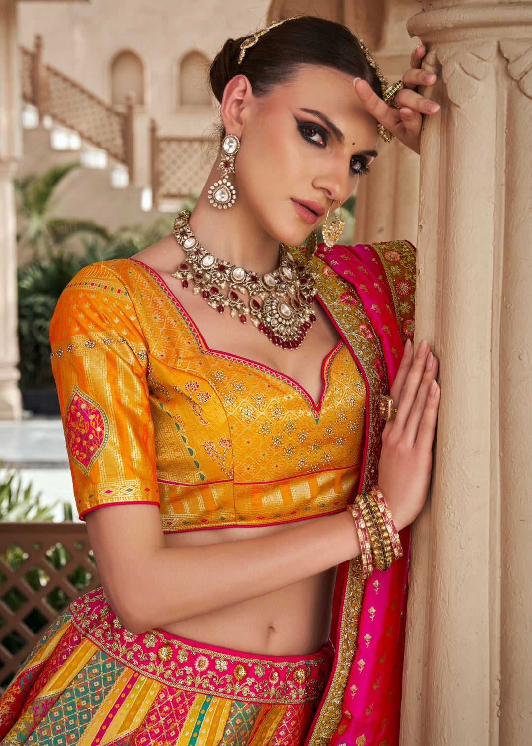 Bright Yellow Banarasi Silk Lehenga with Zarkan & Cutwork