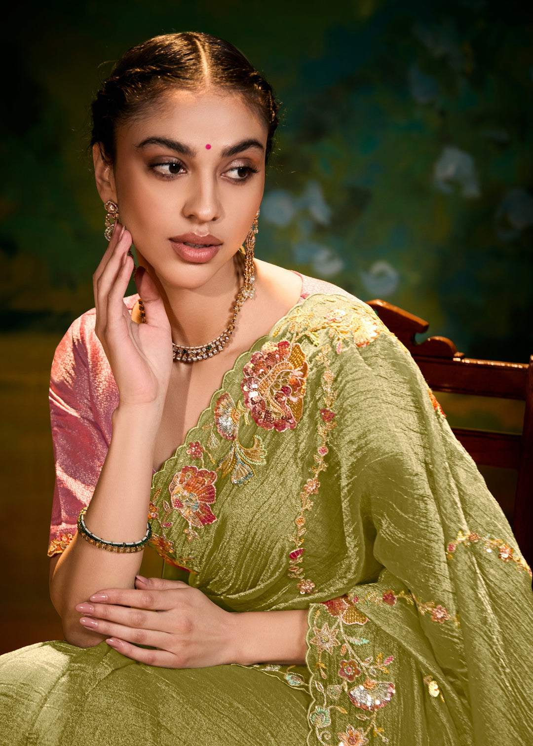 Pear Green Saree With Embroidery And Handwork Designer Cut Border