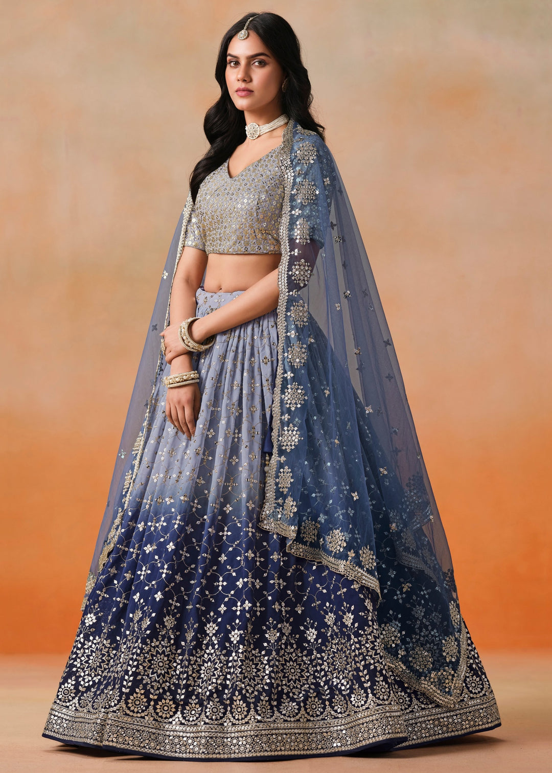 Navy Blue Sequins Zari Embroidered Work Georgette Lehenga